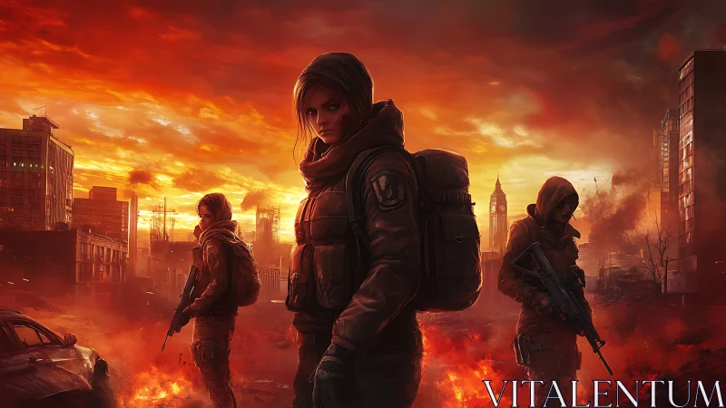 Postapocalyptic squad crossing burning urban ruins at dusk.