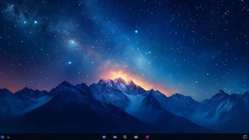 Starlit mountain ridge glows beneath a cosmic dawn sky.