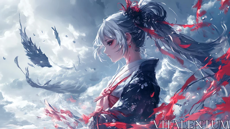 Side profile of silver-haired figure in kimono amid clouds.