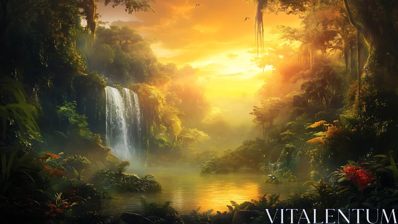 Luminous tropical waterfall lagoon at golden hour sunrise