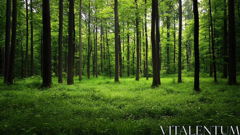 Lush green forest with tall trees in serene natural landscape.