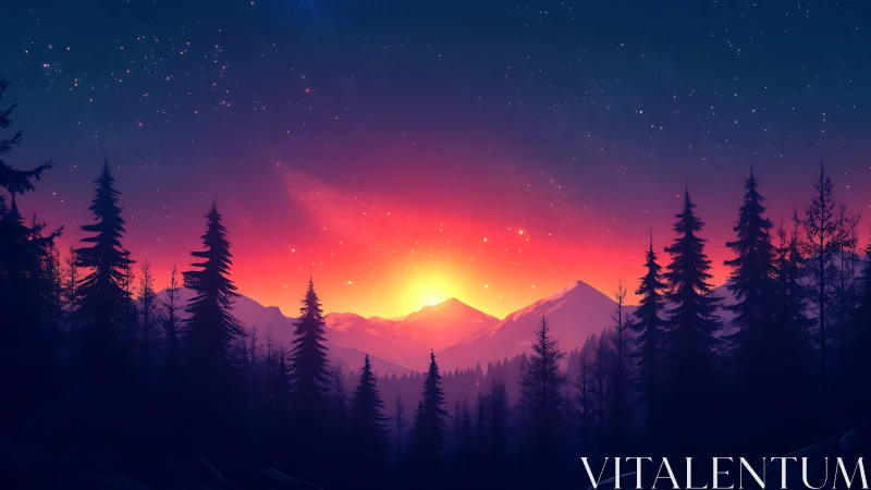 Backlit conifer forest silhouettes frame high-contrast alpine sunrise