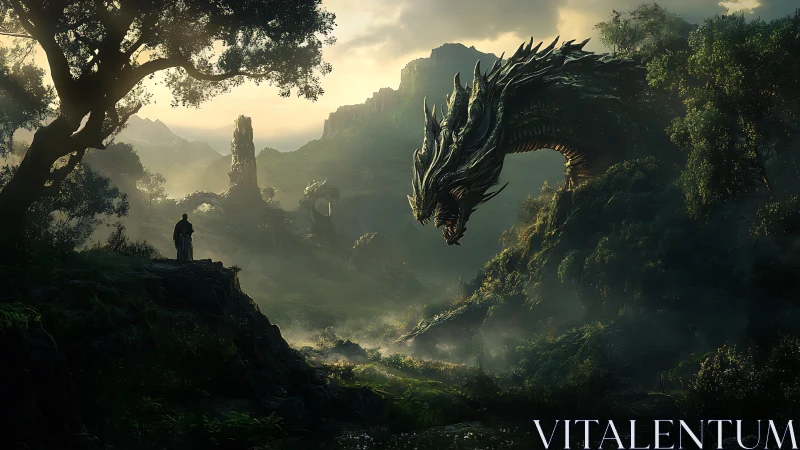 Lone figure confronting colossal dragon in misty valley.