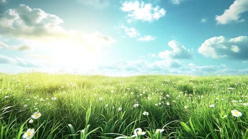 Sunny green meadow with white flowers under blue sky.