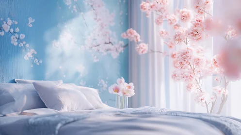 Soft-focus bedroom interior with pastel cherry blossoms and diffuse light