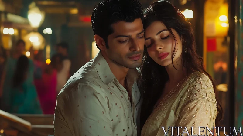 Couple Embracing Under Ambient Urban Lighting with Traditional Attire