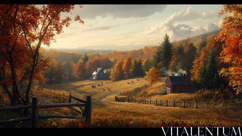 Radiant autumn farm valley with volumetric light gradients.