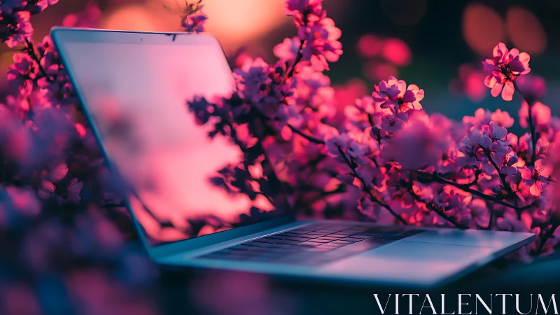 Laptop glows softly amid vibrant pink blossoms at dusk