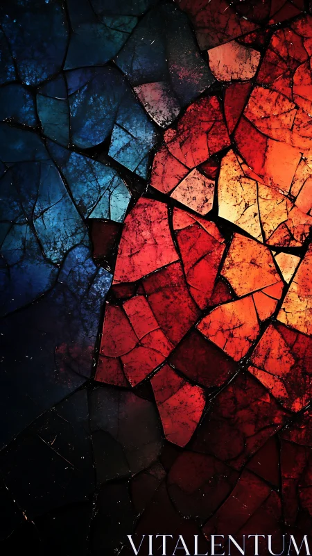 Broken stained glass shards in intense red and blue light.