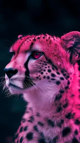 Profile view of cheetah under magenta and blue lighting.