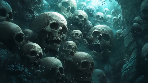 Submerged mass of human skulls in dense underwater chamber.