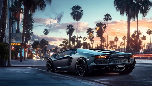 Low sports car on palm-lined urban street at dusk.