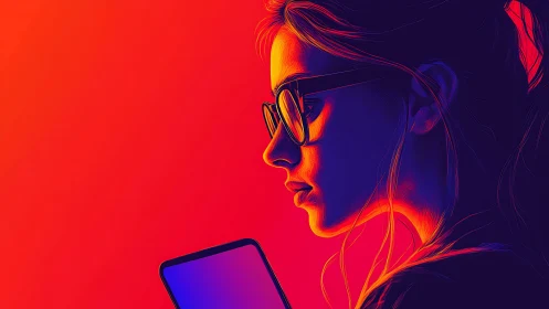 Neon-lit thinker studies a glowing screen in electric silence.