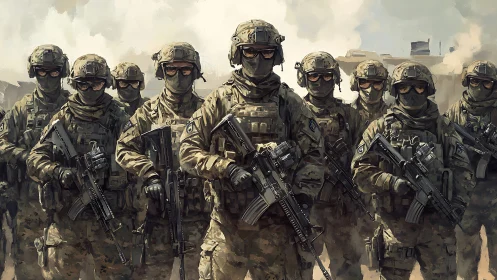 Digital painting of tactical infantry squad in desert theater.