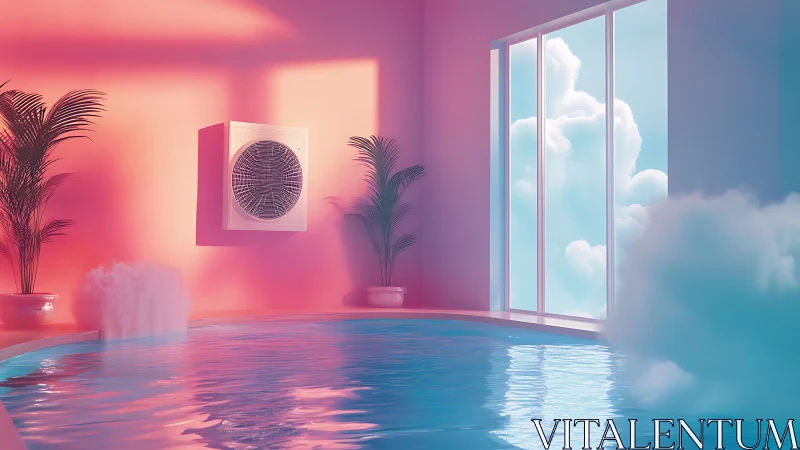 Surreal indoor poolscape integrates HVAC unit and pastel clouds