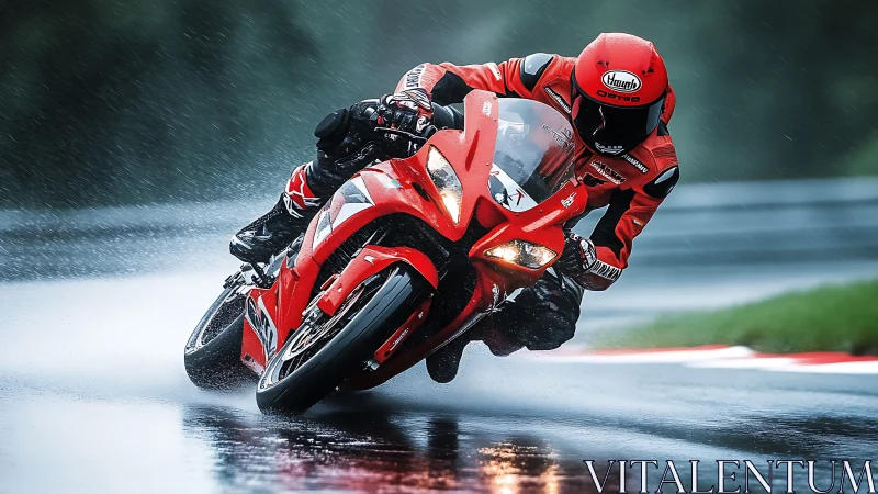 High-speed sportbike cornering on wet racetrack under heavy rain