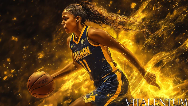 Dynamic female basketball player rendered in fiery digital motion