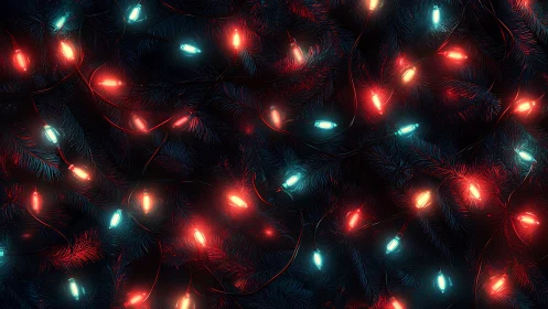 Holiday string lights over dark fir branches in bokeh glow.