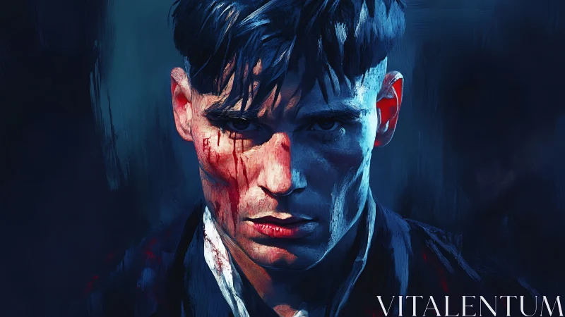 Battle-worn man in high-contrast blue-red chiaroscuro portrait