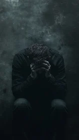 Dark portrait of man in despair against textured wall.