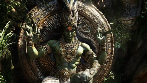 Majestic forest deity sits in jeweled ring of sacred light