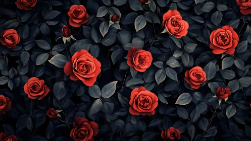 Red Roses Against Dark Foliage Garden Composition