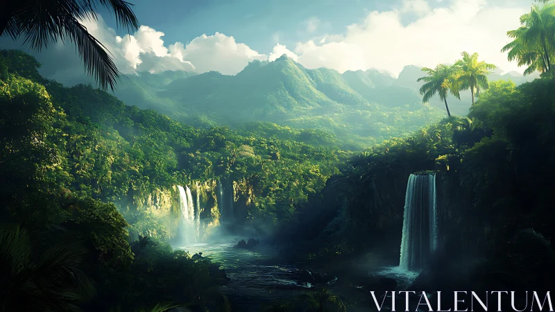 Dense tropical valley with dual waterfalls under mountains