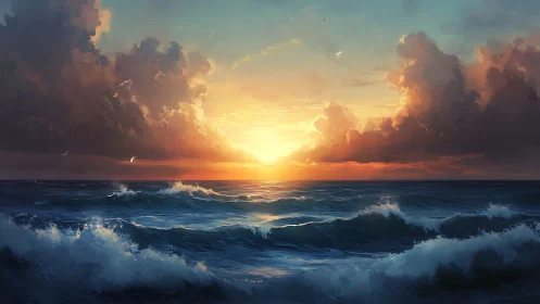 Sun sets over open ocean with dense clouds and waves