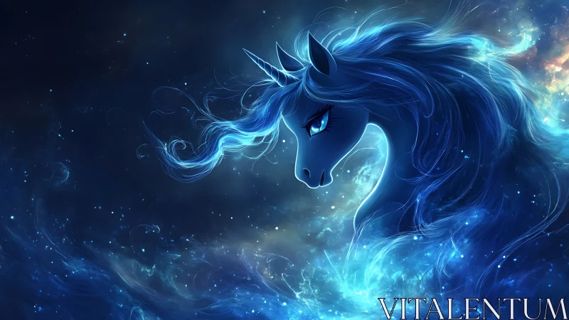 Luminous cosmic unicorn portrait in swirling blue nebula.