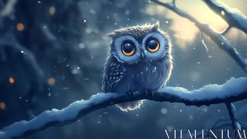 Adorable wide-eyed owl on snowy branch, digital fantasy art style.