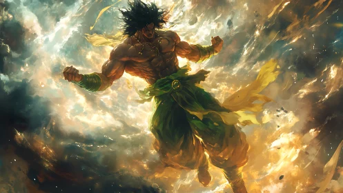 Mythic warrior levitates within blazing celestial storm