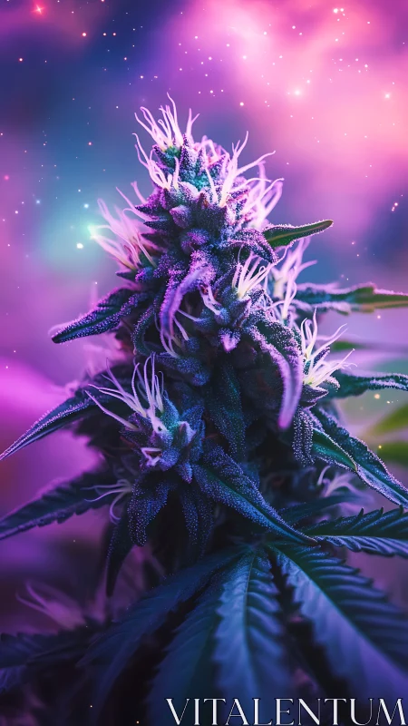 Cosmic cannabis bloom glows under neon galaxy light