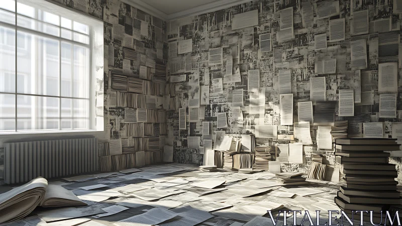 Photorealistic study of paper-saturated archival reading room.