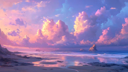 Digital seascape depicts clouded shoreline under low sun