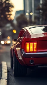 Classic red muscle car glows at dusk on city street.