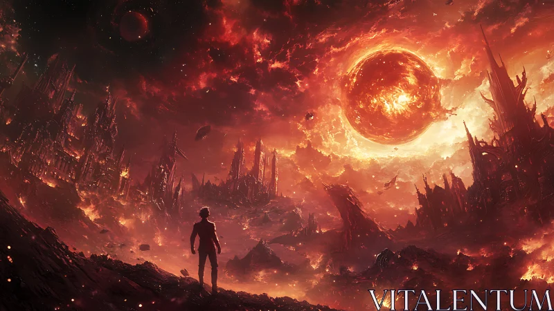 Lone figure surveys collapsing infernal metropolis under erupting star