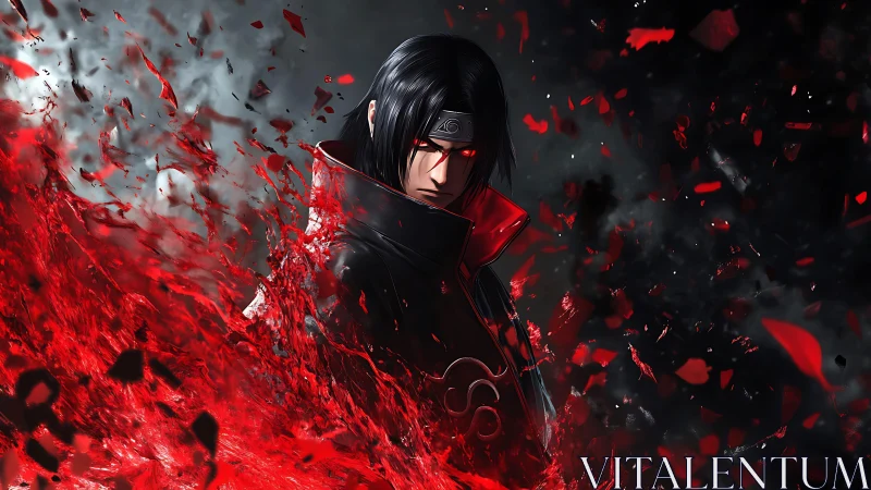Crimson shards engulf brooding ninja amid swirling darkness.