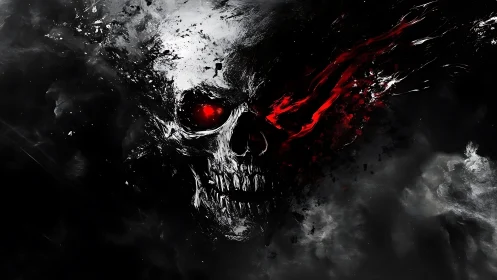 Cracked deathmask grins while a molten red gaze ignites night