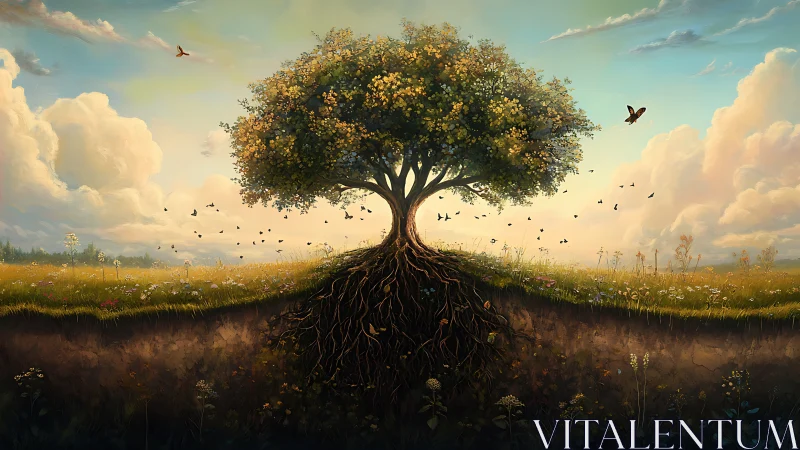 Majestic tree with exposed roots in dreamy landscape, digital art.