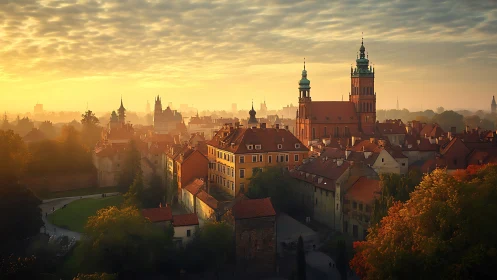 Historic European old town skyline under warm sunrise light.