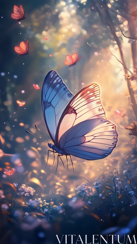Gentle blue butterfly drifts through soft golden forest light