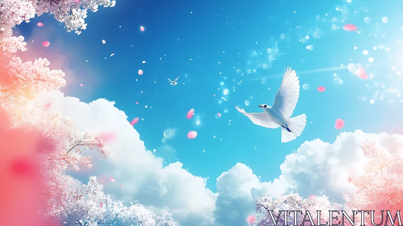White bird in clear spring sky with clouds and blossoms.