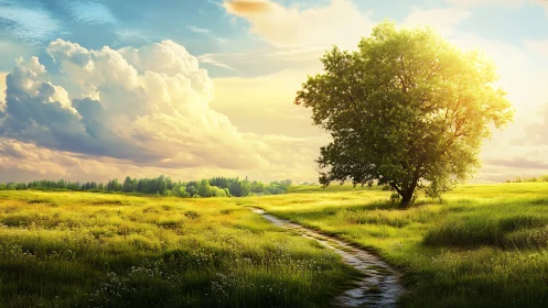 Sunlit country path curving through vibrant summer meadow.