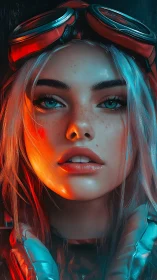Cyberpunk pilot portrait under teal and orange light.
