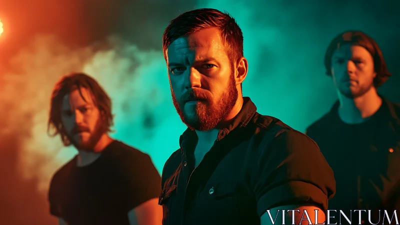 Three intense men pose in dramatic teal and orange studio light.