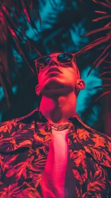 Neon-tropical swagger under electric palm shadows at dusk.