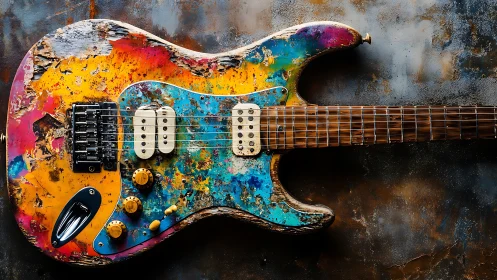 Weathered rainbow guitar humming with stories and color.