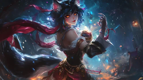 Fox eared sorceress amid swirling night magic storm.