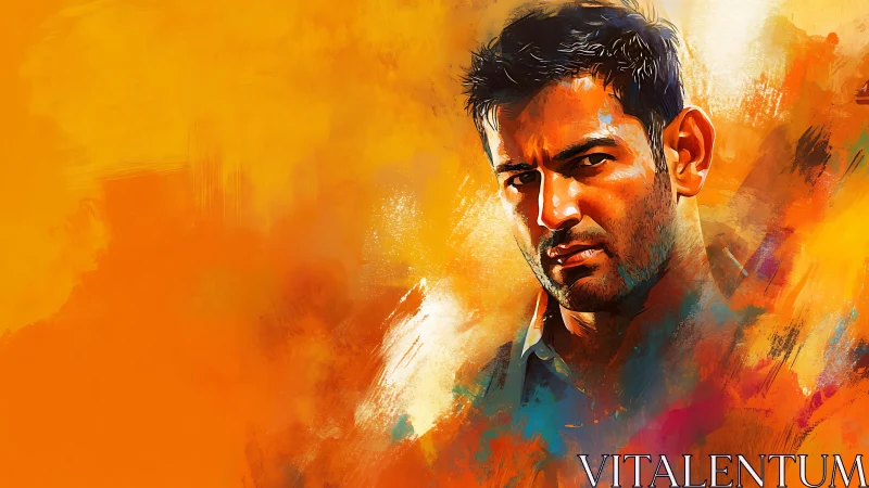 Intense male portrait emerges from vivid orange brushwork