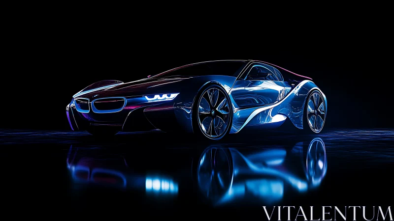 Futuristic electric sports car under neon rim lighting.